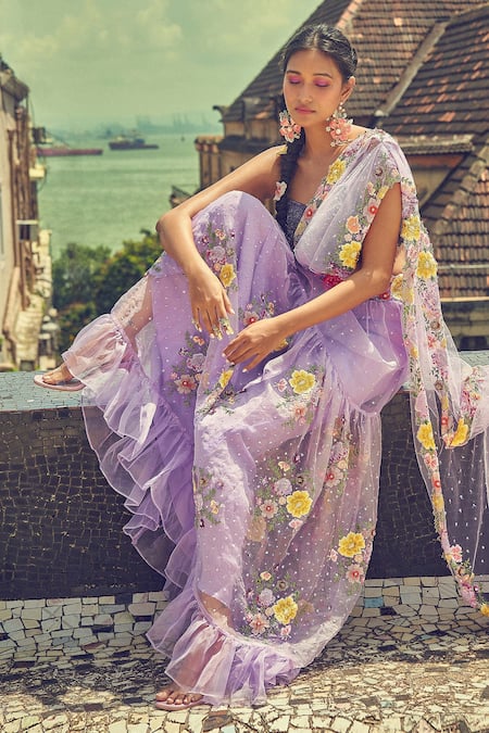 Shop_Surily G_Purple Crepe Hand Embroidered Cutdana Cut Layered Tasselled Blouse  _at_Aza_Fashions