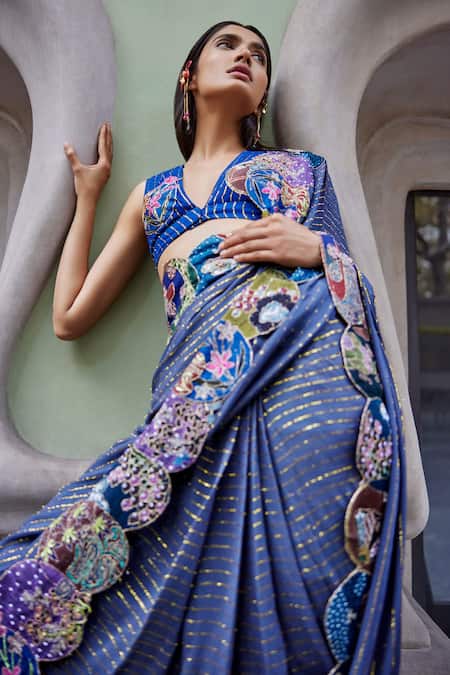 Shop_Aisha Rao_Grey Denim Embroidery V-neck Trencadis Pattern Ombre Saree With Blouse _at_Aza_Fashions