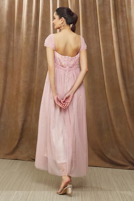 Shop_Bump Loving_Pink Tulle, Polyester Pearls, Embroidery Sweetheart Neck Daisy Maternity Gown _at_Aza_Fashions