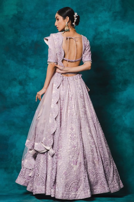 Shop_Mehar_Purple Net Hand Embroidery Pearls Plunge V Neck Bridal Lehenga Set  _at_Aza_Fashions