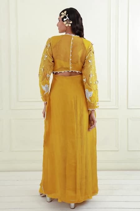 Shop_EK Soot_Gold Silk Embroidered Resham Thread Round A-line Jacket Skirt Set _at_Aza_Fashions