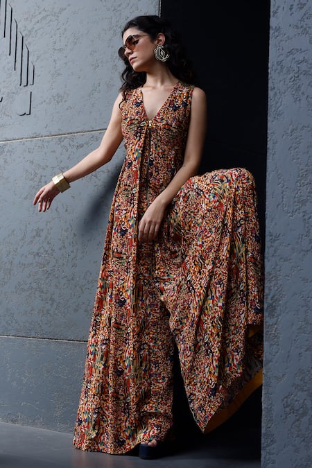 Shop_PDS by SNEHA_Multi Color Crepe Printed Abstract V Neck Jumpsuit _at_Aza_Fashions