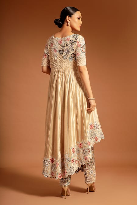 Shop Sejal Kamdar Beige Pure Satin Crepe Embellished Ajrak Floral And Anarkali With Pant at Aza Fashions Shop_Sejal Kamdar_Beige Pure Satin Crepe Embellished Ajrak Floral And Anarkali With Pant _at_Aza_Fashions