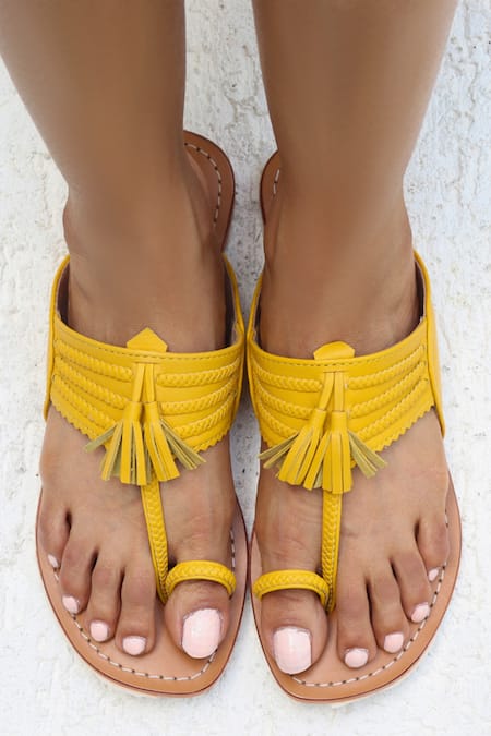 Shop_SANDALWALI_Yellow Braided Kolhapuri Sandals _at_Aza_Fashions