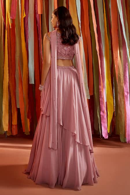 Shop Label Sanya Gulati Purple Georgette Sequins, Cut Work Embroidered Blouse Layered Lehenga Set at Aza Fashions Shop_Label Sanya Gulati_Purple Georgette Sequins, Cut Work Embroidered Blouse Layered Lehenga Set _at_Aza_Fashions