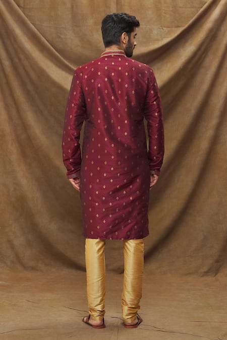 Shop_Arihant Rai Sinha_Wine Jacquard, Silk Embroidery Metallic Flora Pattern Kurta _at_Aza_Fashions