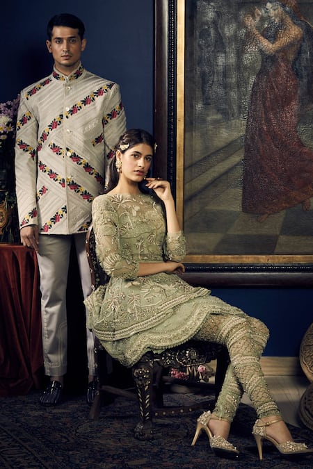 Shop Sahil Kochhar Green Soft Net Embroidered 3d Appliques Zahir Short Anarkali Set at Aza Fashions Shop_Sahil Kochhar_Green Soft Net Embroidered 3d Appliques Zahir Short Anarkali Set _at_Aza_Fashions