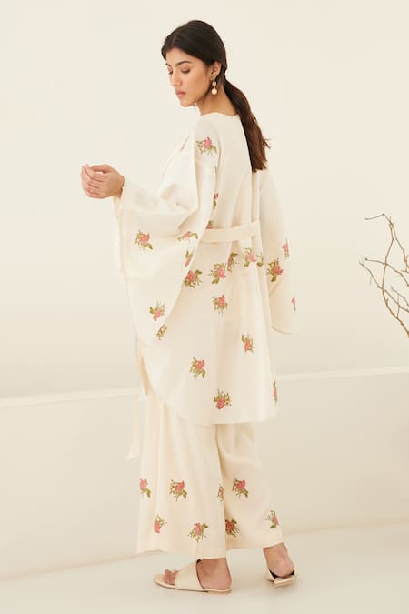 Shop Cotton And Clay White Chanderi, Modal Embroidery Hand Block Print Kimono Top Flared Pant Set at Aza Fashions Shop_Cotton And Clay_White Chanderi, Modal Embroidery Hand Block Print Kimono Top Flared Pant Set _at_Aza_Fashions