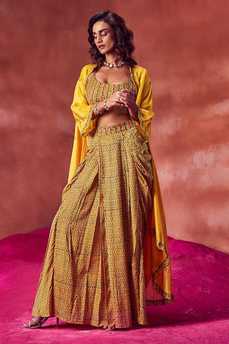 Punit Balana Embroidered Cape & Printed Draped Skirt Set 