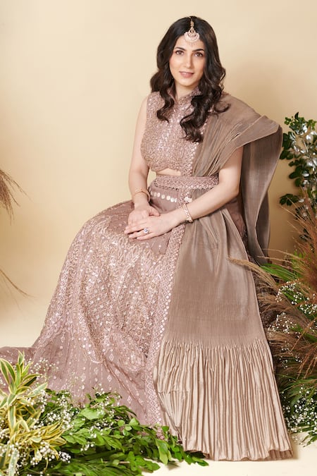 Shop Reeti Arneja Brown Organza, Taffeta Embroidery, Sequins Bandeau Daydream Bridal Lehenga Set at Aza Fashions Shop_Reeti Arneja_Brown Organza, Taffeta Embroidery, Sequins Bandeau Daydream Bridal Lehenga Set _at_Aza_Fashions