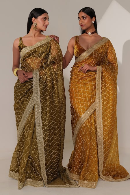 Shop_Taisha_Green Silk, Velvet, Handloom Cotton Embroidery Scoop Jaal Saree With Blouse _at_Aza_Fashions