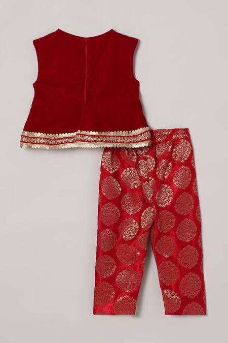 Shop Byb Premium Red , Satin Pearls, Sequins Embellished Peplum Top With Pant at Aza Fashions Shop_Byb Premium_Red , Satin Pearls, Sequins Embellished Peplum Top With Pant_at_Aza_Fashions