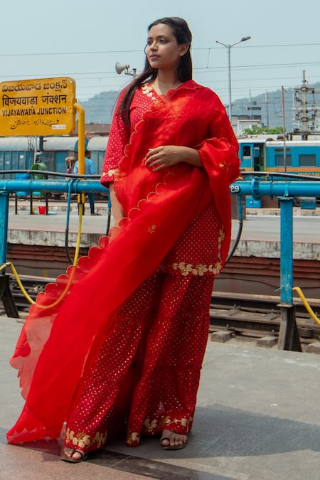 Shop Label Earthen Red Handloom , Maheshwari, Sequins, Foil Print Kurta Sharara Set at Aza Fashions Shop_Label Earthen_Red Handloom , Maheshwari, Sequins, Foil Print Kurta Sharara Set _at_Aza_Fashions