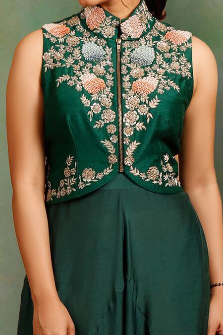 Shop_Garo_Emerald Green Tussar, Silk, Muslin Embroidery Collared Short Jacket And Pant Set _at_Aza_Fashions