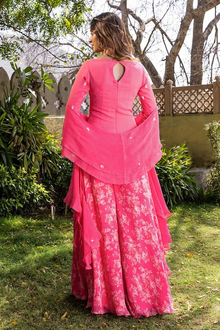 Shop Suruchi Parakh Pink Georgette Embroidery Scoop Neck Floral Hand Kurta And Sharara Set at Aza Fashions Shop_Suruchi Parakh_Pink Georgette Embroidery Scoop Neck Floral Hand Kurta And Sharara Set _at_Aza_Fashions