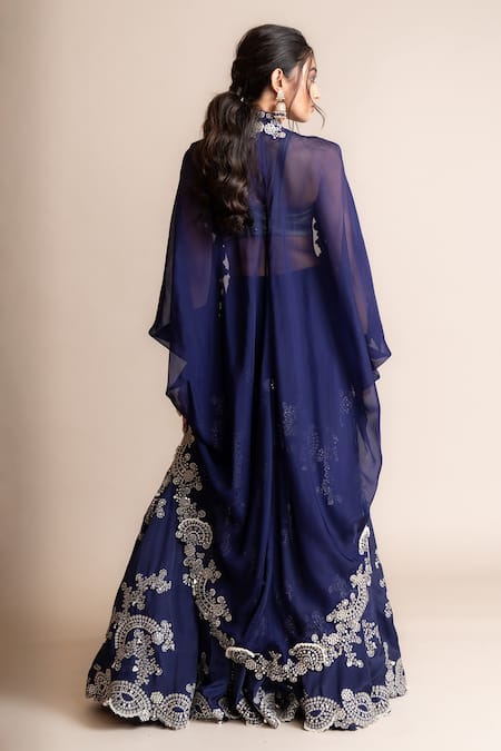 Shop_Nupur Kanoi_Blue Crepe Studs, Pearls, Sequins Border Embroidered Kite Cape And Lehenga Set _at_Aza_Fashions