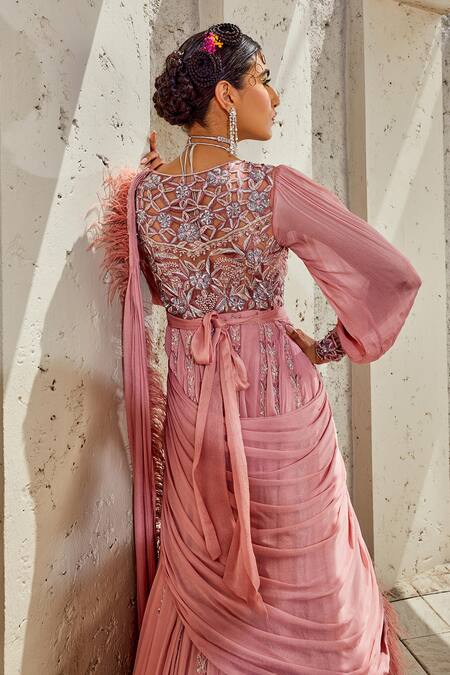Buy Pink Chiffon Embroidery Sequin And Imaya Floral Saree Gown With Belt  For Women by Awigna Online at Aza Fashions.
