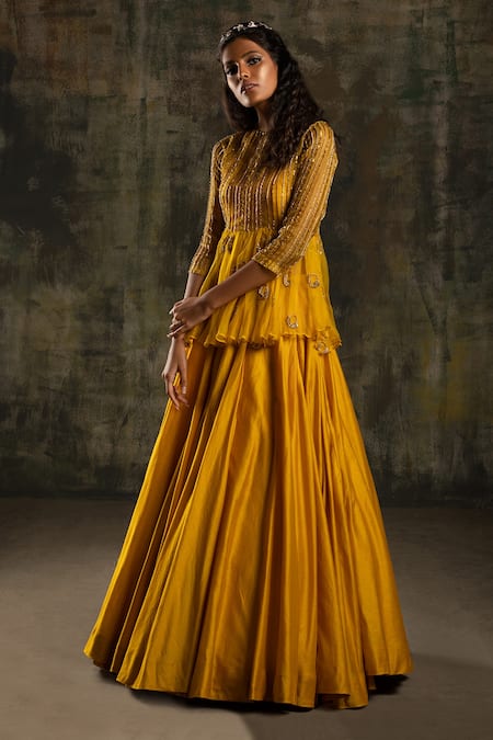 Shop_Mona And Vishu_Yellow Peplum Organza, Skirt Chanderi Beads, Zardozi Round Top And Set _at_Aza_Fashions