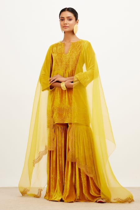 Devnaagri Velvet Zari Embroidered Kurta Sharara Set 