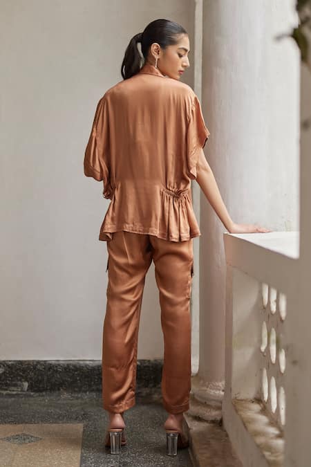 Shop_Betrue_Brown Modal, Silk V-neck, Collared Side Gathered Solid Jacket Pant Set _at_Aza_Fashions