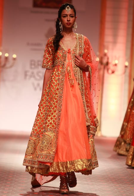 Shop Preeti S Kapoor Orange Anarkali Silk, Churidar Cotton Silk, Jacket And Set With Gold Embroidered at Aza Fashions Shop_Preeti S Kapoor_Orange Anarkali Silk, Churidar Cotton Silk, Jacket And Set With Gold Embroidered _at_Aza_Fashions