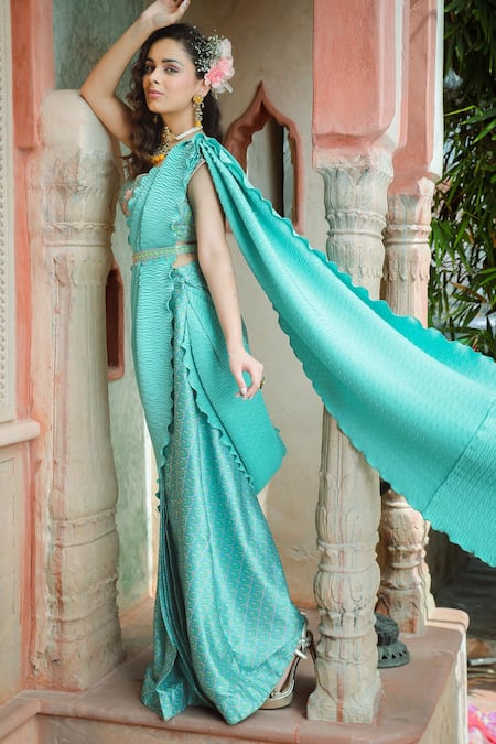 Shop Show Shaa Blue Satin, Crepe Embroidery, Beads Floral Pre-draped Saree With Blouse at Aza Fashions Shop_Show Shaa_Blue Satin, Crepe Embroidery, Beads Floral Pre-draped Saree With Blouse _at_Aza_Fashions