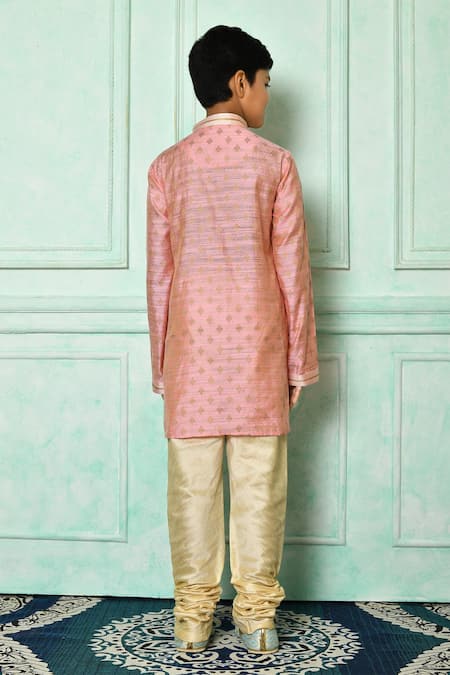 Buy Pink Denim, Silk Embroidery Kurta And Churidar Set For Boys by