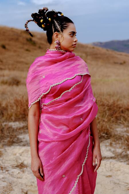 Buy_Ekaya Banaras_Pink Tissue Embroidery Hand Border Saree