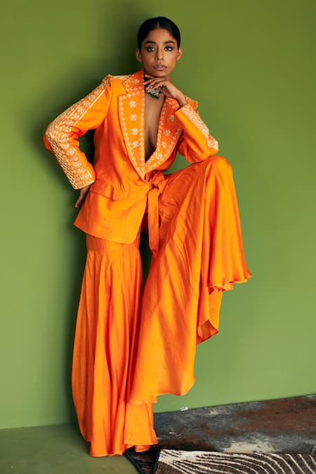 Shop Esha Arora Orange Vegan Silk Sequin, Zari And Bead Work Embroidered Blazer Sharara Set at Aza Fashions Shop_Esha Arora_Orange Vegan Silk Sequin, Zari And Bead Work Embroidered Blazer Sharara Set _at_Aza_Fashions