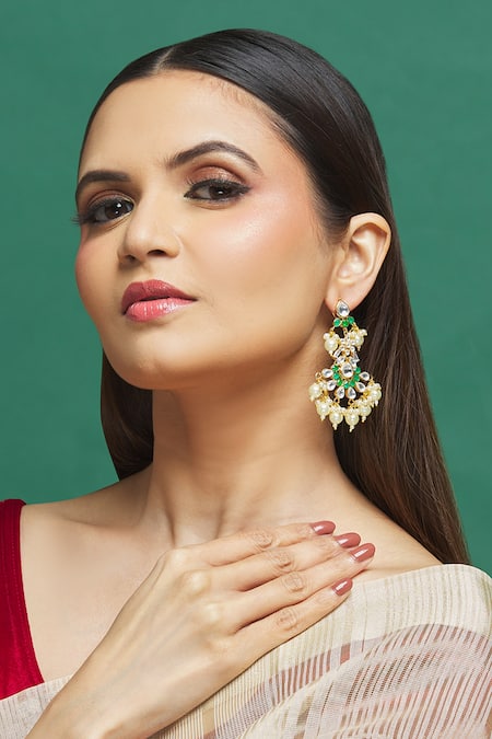 Shop Our Purple Studio White Stones, Beads And Kundan Embellished Earrings at Aza Fashions Shop_Our Purple Studio_White Stones, Beads And Kundan Embellished Earrings _at_Aza_Fashions