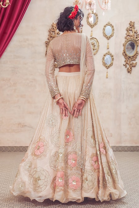 Show Shaa Ivory Organza, Net, Satin Mirrors, Floral Hand Embroidered Bridal Lehenga Set Online at Aza Fashions Show Shaa_Ivory Organza, Net, Satin Mirrors, Floral Hand Embroidered Bridal Lehenga Set _Online_at_Aza_Fashions