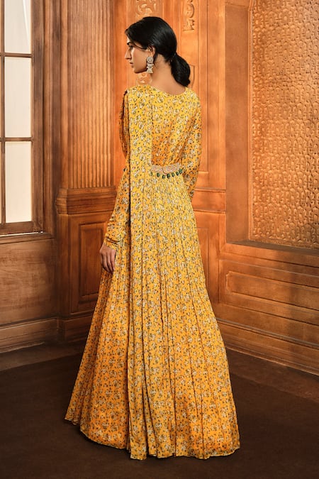 Shop Aneesh Agarwaal Yellow Chiffon, Organza, Linen Calico Flower Print Draped Anarkali With Belt at Aza Fashions Shop_Aneesh Agarwaal_Yellow Chiffon, Organza, Linen Calico Flower Print Draped Anarkali With Belt _at_Aza_Fashions