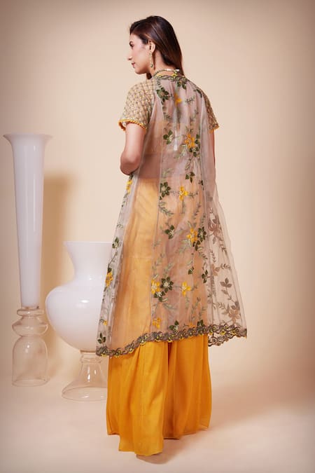Shop Saaj By Ankita Yellow Silk Organza, Georgette Beads, Floral Embroidered Cape Sharara Set at Aza Fashions Shop_Saaj By Ankita_Yellow Silk Organza, Georgette Beads, Floral Embroidered Cape Sharara Set _at_Aza_Fashions