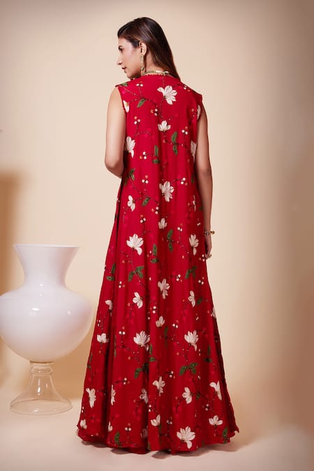 Shop Saaj By Ankita Red Silk, Chiffon Embroidery, Sequins, Beads Round Neck, Aari Cape Sharara Set at Aza Fashions Shop_Saaj By Ankita_Red Silk, Chiffon Embroidery, Sequins, Beads Round Neck, Aari Cape Sharara Set _at_Aza_Fashions