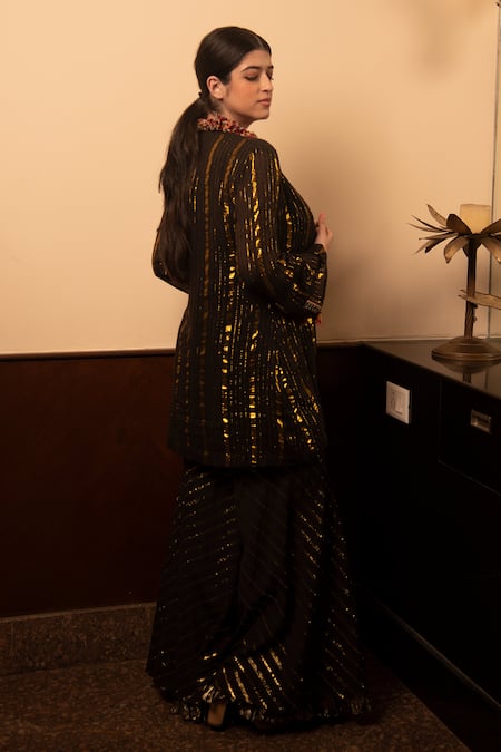 Shop Soniya G Black Handloom , Embroidery Scoop Neck, Open Blouse Palazzo Set at Aza Fashions Shop_Soniya G_Black Handloom , Embroidery Scoop Neck, Open Blouse Palazzo Set _at_Aza_Fashions