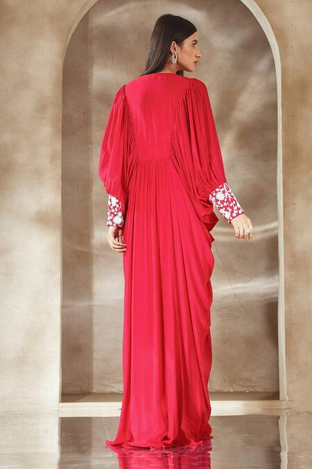 Shop_Seema Thukral_Pink Chiffon Embroidery Zari V Neck Cuff Kaftan _at_Aza_Fashions