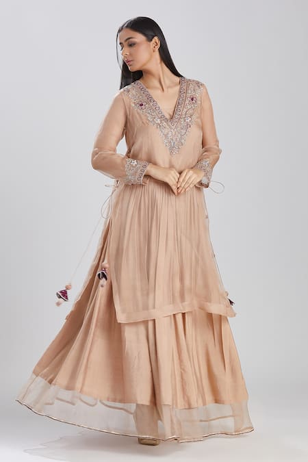 Shop Megha Bansal Pink Organza, Chanderi Thread, Sequin And Beads Nayantara Skirt Set at Aza Fashions Shop_Megha Bansal_Pink Organza, Chanderi Thread, Sequin And Beads Nayantara Skirt Set _at_Aza_Fashions