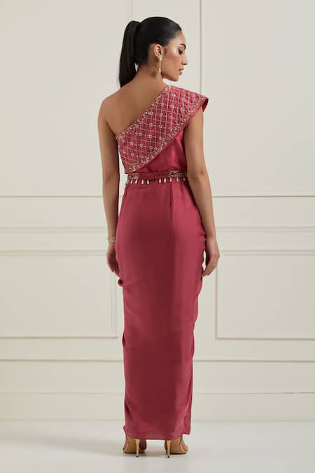 Label Nitisha Pink Embroidered One Shoulder Saree Gown 