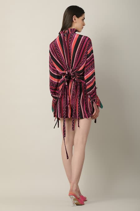 Shop Limerick By Abirr N' Nanki Multi Color Crepe Printed Stripe Jolene Shorts at Aza Fashions Shop_Limerick By Abirr N' Nanki_Multi Color Crepe Printed Stripe Jolene Shorts _at_Aza_Fashions