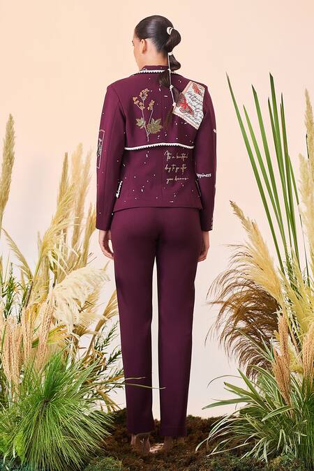 Shop Shahin Mannan Wine Double Crepe Thread And Beads Lapel Collar Post Card Blazer And Pant Set at Aza Fashions Shop_Shahin Mannan_Wine Double Crepe Thread And Beads Lapel Collar Post Card Blazer And Pant Set_at_Aza_Fashions