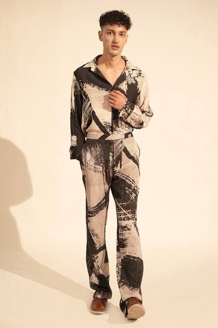 Shop_Nikita Mhaisalkar_Black Georgette Sequins Brush Stroke Print Pant _at_Aza_Fashions