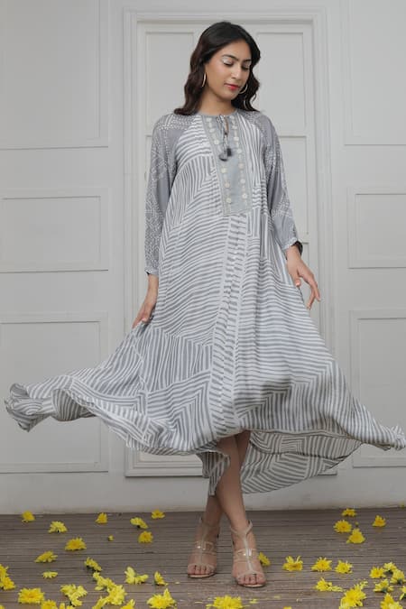 Shop_Myoho_Grey Cotton, Silk Embroidery Round Neck Striped Pattern Dress _at_Aza_Fashions