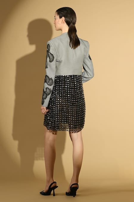 Shop Geisha Designs Black Nylon Embellishments Metallic Zig-zag Pattern Jacket With Dress at Aza Fashions Shop_Geisha Designs_Black Nylon Embellishments Metallic Zig-zag Pattern Jacket With Dress _at_Aza_Fashions