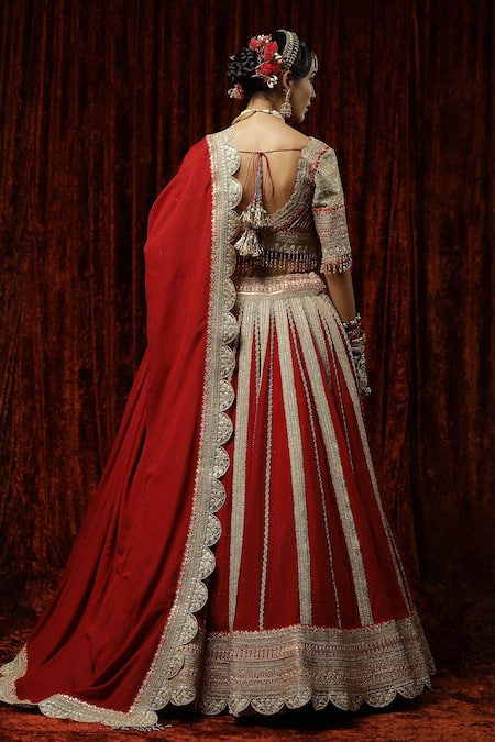 Shop Shikhar Sharma Red Silk, Chanderi, Crepe, Chiffon Surkh Anardana Gota Bridal Lehenga Set at Aza Fashions Shop_Shikhar Sharma_Red Silk, Chanderi, Crepe, Chiffon Surkh Anardana Gota Bridal Lehenga Set _at_Aza_Fashions