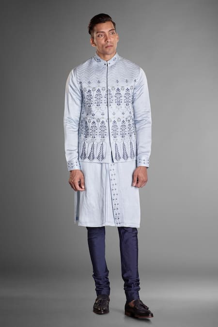 Shop More Mischief Blue Silk, Linen Embroidery Floral Bundi And Kurta Set at Aza Fashions Shop_More Mischief_Blue Silk, Linen Embroidery Floral Bundi And Kurta Set_at_Aza_Fashions