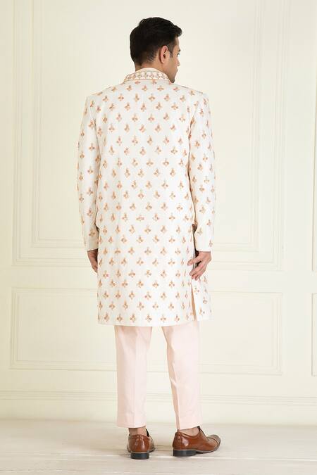 Shop_Priyanka Jain_Ivory Cotton, Silk, Chanderi Beads, Floral Embroidered Sherwani Kurta Set _at_Aza_Fashions