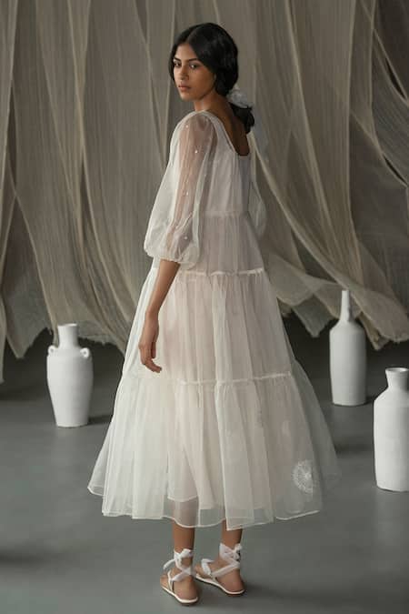 Shop_Zoon_Off White Silk Organza, Cotton Sequins, Embroidery Round Neck Sheer Dress _at_Aza_Fashions