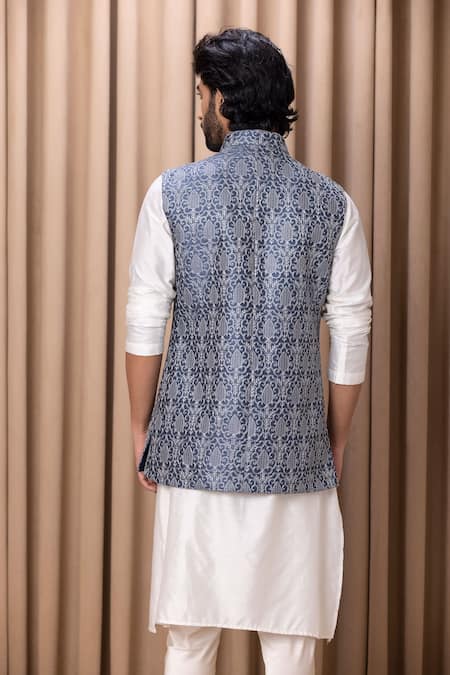 Ankit V Kapoor Slate Blue Embroidered Bundi & Kurta Set 