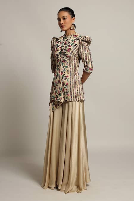 Shop_Sejal Kamdar_Beige Gajji Silk Embellished Cut Pipe Round Draped Jacket And Flared Pant Set _at_Aza_Fashions