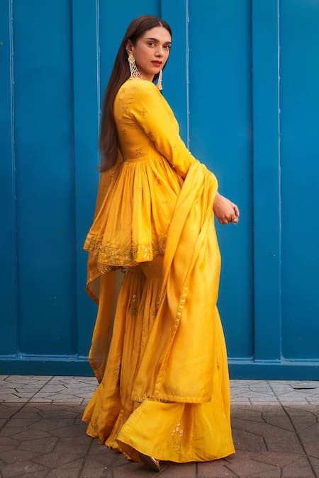 Shop Punit Balana Yellow Silk, Organza Embroidery, Tassels V-neck Resham Kedia Gharara Set at Aza Fashions Shop_Punit Balana_Yellow Silk, Organza Embroidery, Tassels V-neck Resham Kedia Gharara Set _at_Aza_Fashions